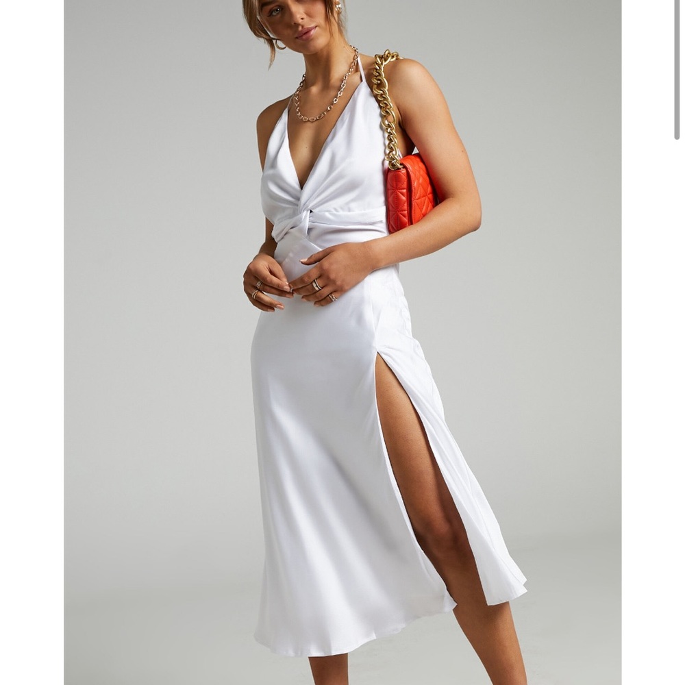 Florentina Twist Front Open The Back Midi Dress White Satin